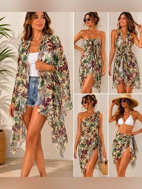 Green Hibiscus Tropical flower SARONG Wrap Skirt swimsuit cover up OS NEW